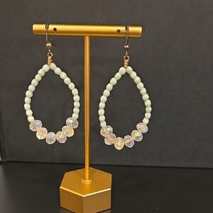 Elegant Beaded Light Green And Sparkly Oval Earrings